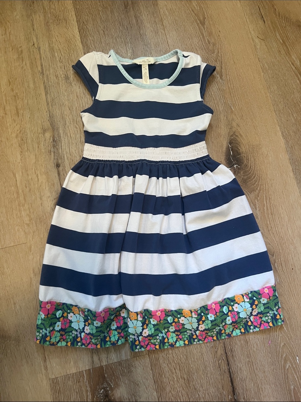 Matilda Jane Size 6 Girls Navy and White Striped Dress with Floral Hem